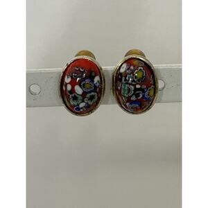 Lovely Vtg Millefiori Murano Style Glass Cabochon Screw Back Earrings.